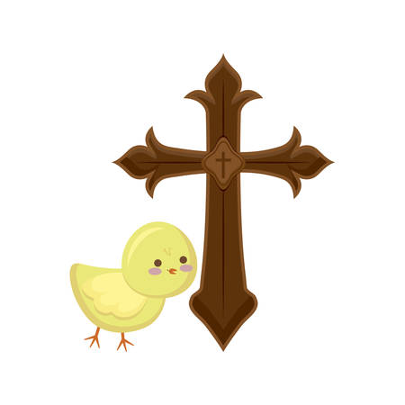 cross catholic with cute chicken isolated icon vector illustration designのイラスト素材