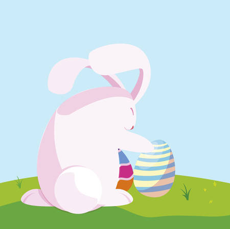 cute rabbit easter with egg painted in the camp vector illustration designのイラスト素材