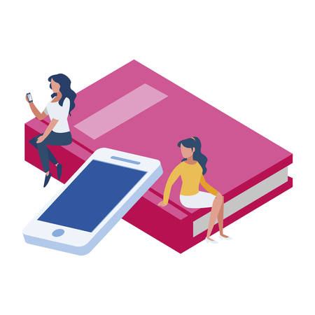 text book with smartphone and minipeople vector illustration designのイラスト素材