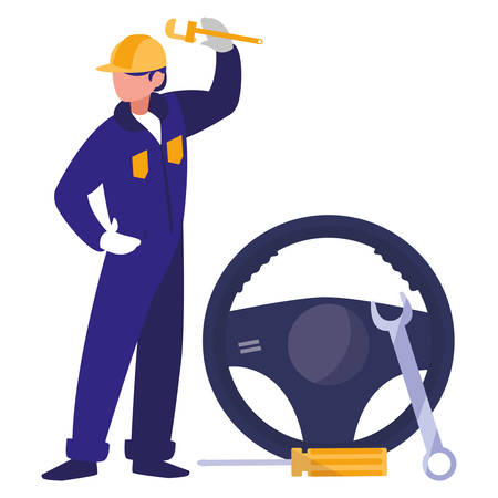 mechanic worker with drive wheel car vector illustration designのイラスト素材