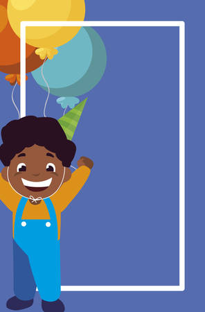 cute happy black boy with birthday balloons helium vector illustration designのイラスト素材