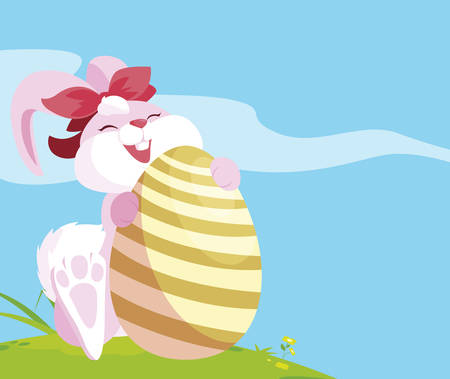 cute rabbit easter female with egg painted in the camp vector illustration designのイラスト素材