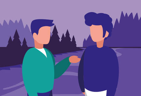 young men in forest landscape scene vector illustration designのイラスト素材
