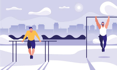 men practicing outdoor gym vector illustration designのイラスト素材