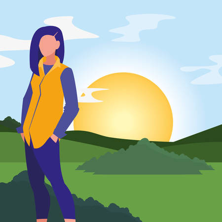 landscape nature with standing woman vector illustrationのイラスト素材
