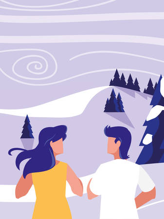young couple in snowscape scene vector illustration designのイラスト素材