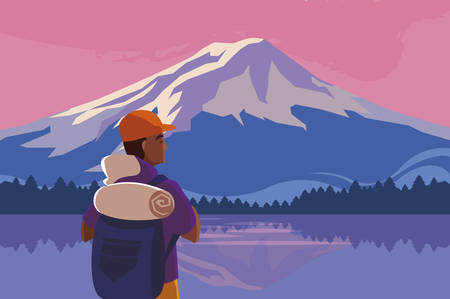 adventurous man with travelbag in the snowscape vector illustration designのイラスト素材