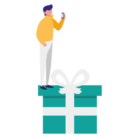 young man using smartphone with gift vector illustration designのイラスト素材