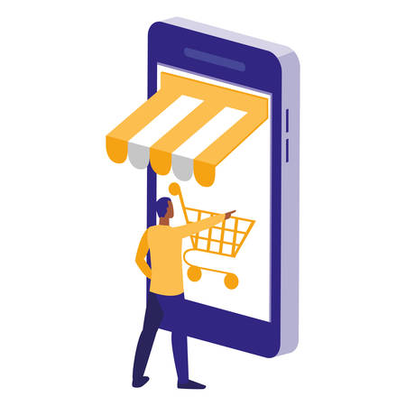 young man using smartphone with shopping cart vector illustration designのイラスト素材