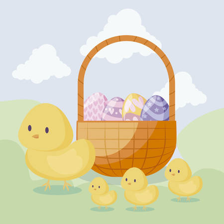 cute chickens with basket and eggs of easter vector illustration designのイラスト素材