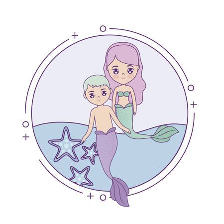 cute couple mermaids with sea in frame circular vector illustration designのイラスト素材