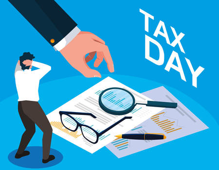 businessman in tax day with statistic document and icons vector illustration designのイラスト素材
