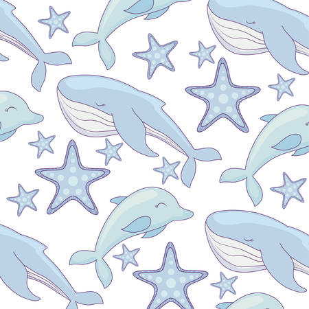 pattern of cute dolphin with whale and starfish vector illustration designのイラスト素材