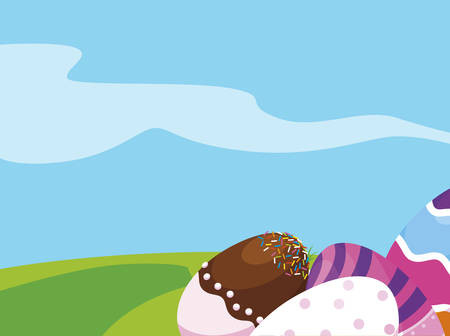 happy easter eggs painted in the field vector illustration designのイラスト素材