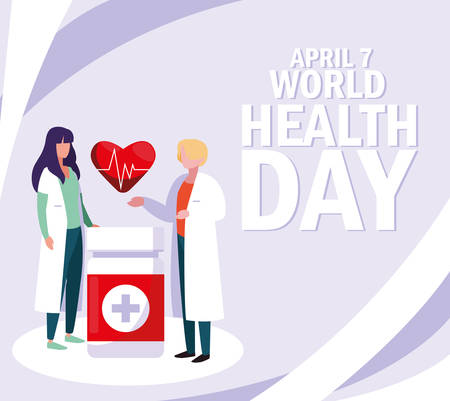 world health day with couple doctors and icons vector illustration designのイラスト素材