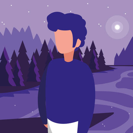 young man in forest landscape scene vector illustration designのイラスト素材