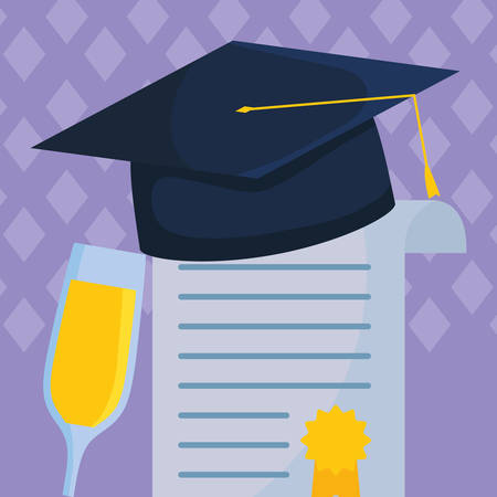 graduation certificate and hat with champagne cup vector illustration designのイラスト素材