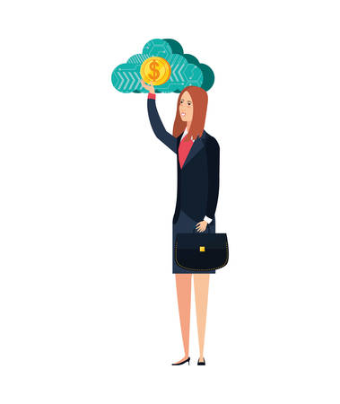 young businesswoman with cloud computing and coin vector illustration designのイラスト素材