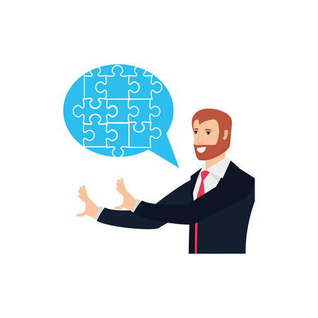 businessman with puzzle pieces in shape speech bubble vector illustration designのイラスト素材