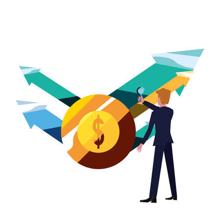 businessman with magnifier money coin arrows bank vector illustration vector illustrationのイラスト素材