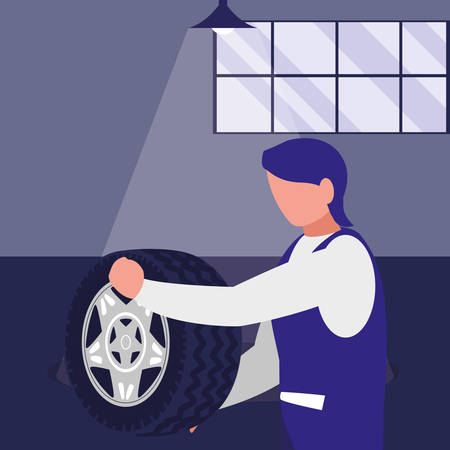 mechanic worker with tire car vector illustration designのイラスト素材
