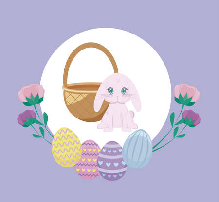 cute rabbit with eggs of easter and flowers vector illustration designのイラスト素材