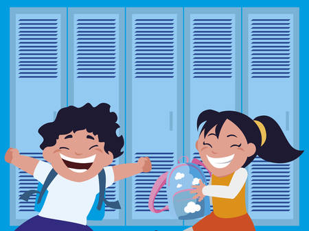 happy little school kids in the school corridor vector illustration designのイラスト素材