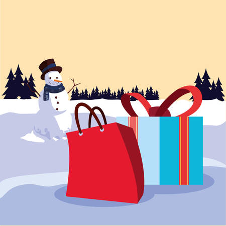 christmas snowman with gifts and winter landscape vector illustrationのイラスト素材