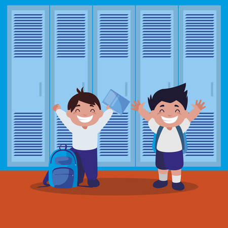 happy little schoolboys in the school corridor vector illustration designのイラスト素材