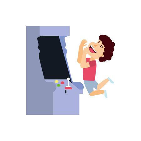 boy playing in retro console video game machine vector illustration designのイラスト素材
