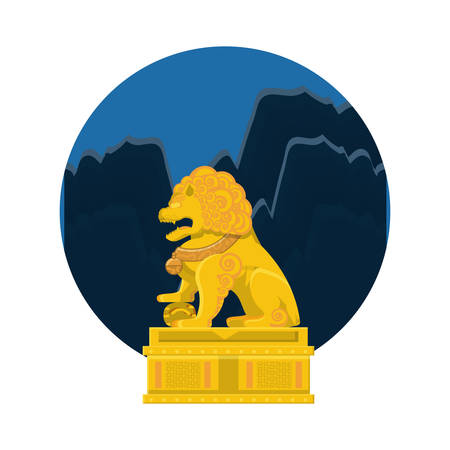chinese lion statue in gold with night landscape vector illustration designのイラスト素材