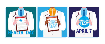 set of cards world health day with doctor vector illustration designのイラスト素材