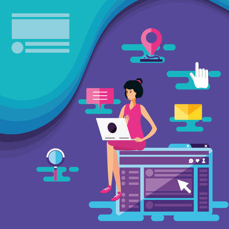 woman with laptop and social media icons vector illustration designのイラスト素材