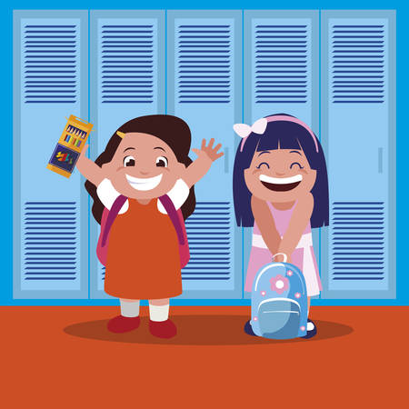 happy little schoolgirls in the school corridor vector illustration designのイラスト素材