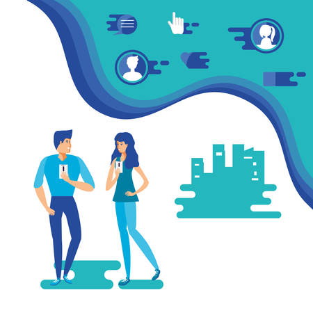 couple with social media icons vector illustration designのイラスト素材