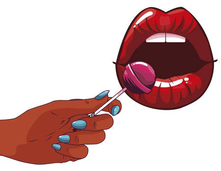 sexy female lips with lollipop pop art style vector illustration designのイラスト素材