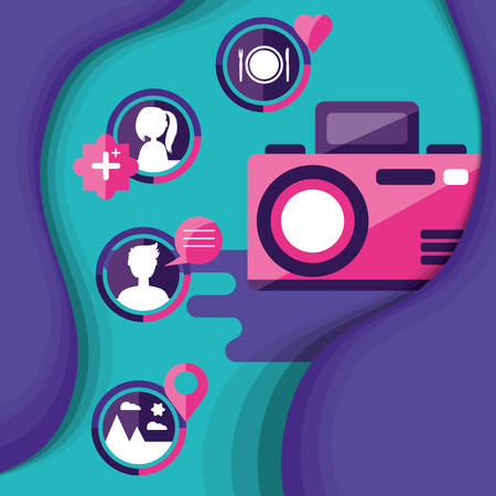 photographic camera with social media icons vector illustration designのイラスト素材