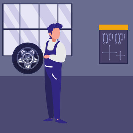mechanic worker with tire car vector illustration designのイラスト素材