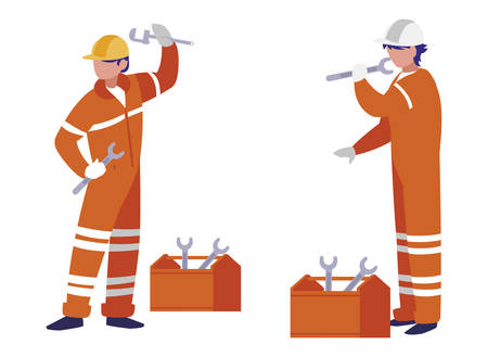 couple of men builders working with toolbox vector illustration designのイラスト素材