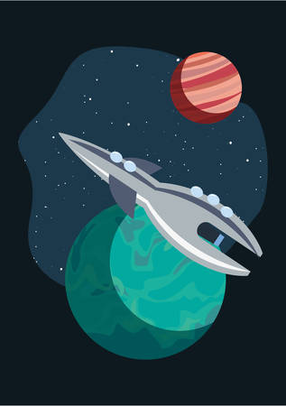 rocket spaceship cosmos planets cartoon vector illustrationのイラスト素材