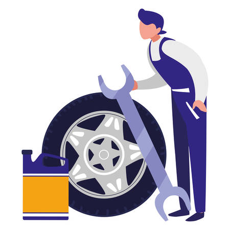 mechanic worker with tire car and oil gallon vector illustration designのイラスト素材