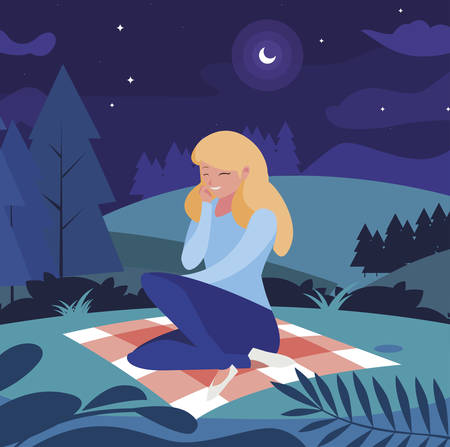 beautiful woman seated in the camp picnic day vector illustration designのイラスト素材