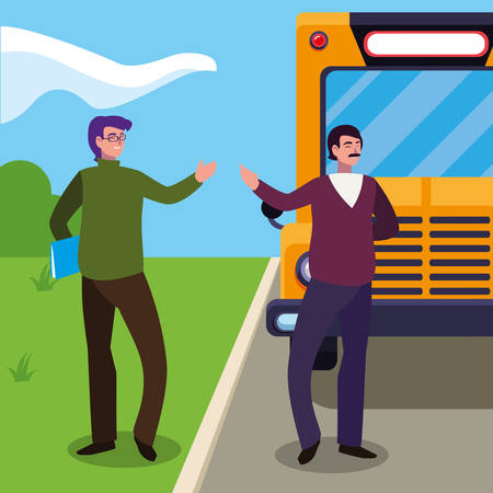 teachers couple in bus stop vector illustration designのイラスト素材