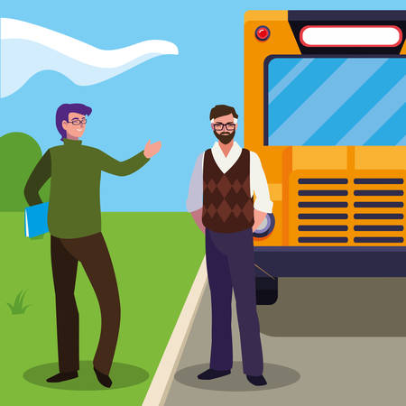 teachers couple in bus stop vector illustration designのイラスト素材