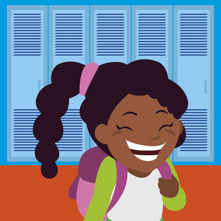 little black schoolgirl with schoolbag in school corridor vector illustration designのイラスト素材