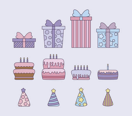 set of sweet cakes with hat party and gift box vector illustration designのイラスト素材