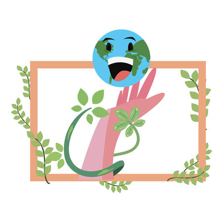 hand kawaii world frame leaves earth day vector illustrationのイラスト素材