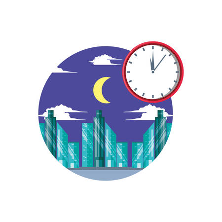 cityscape scene night with clock time vector illustration designのイラスト素材