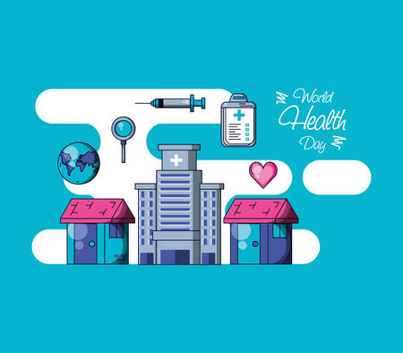 world health day with hospital structure and set icons vector illustration designのイラスト素材