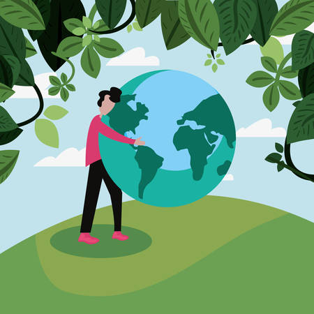 man with planet world landscape happy earth day vector illustrationのイラスト素材